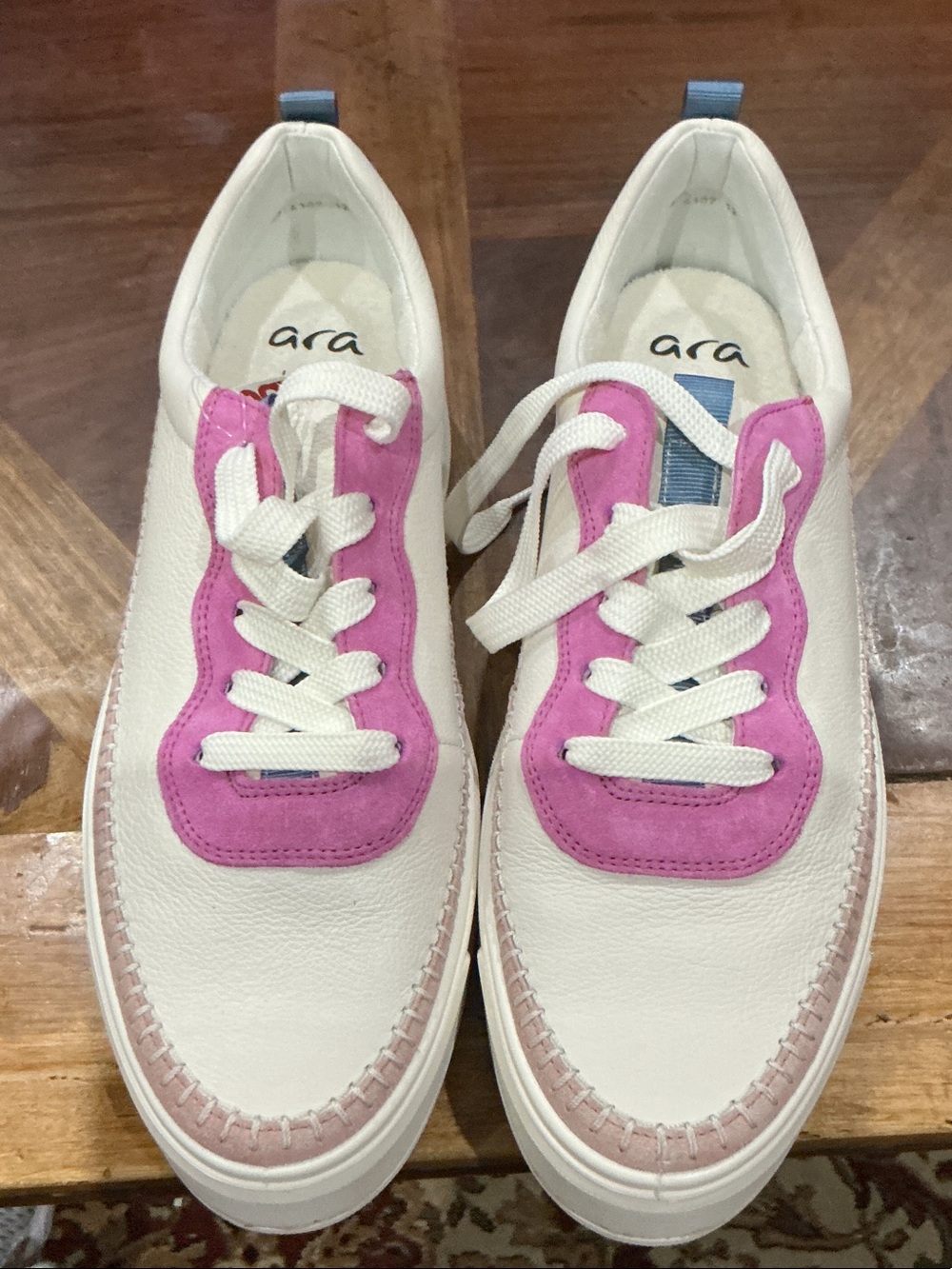 Ara high soft White Leather Sneakers with Pink Suede Accents